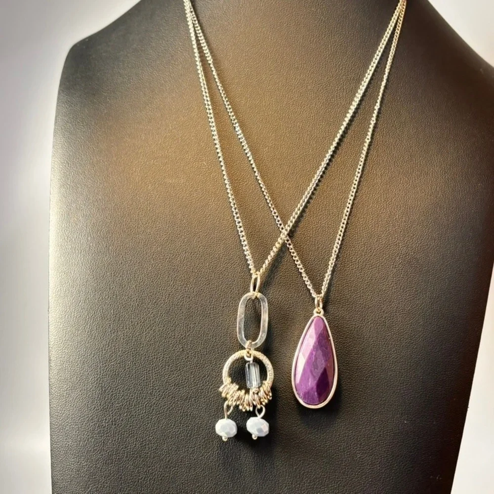 Pendant Necklace Set Purple Silver Boho Whimsygoth Statement